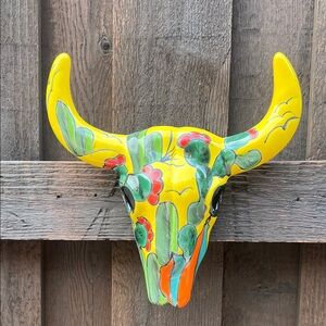 Colorful Talavera Cactus Bull Skull Wall Decor